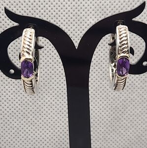 Sadye L Vassil Sterling 925  & 14k Gold Amethyst Hoop Earrings